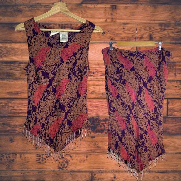 Vintage 90's PHOOL Pink/ Purple Paisley Beaded Hem Blouse & Skirt Set Large - Picture 1 of 7
